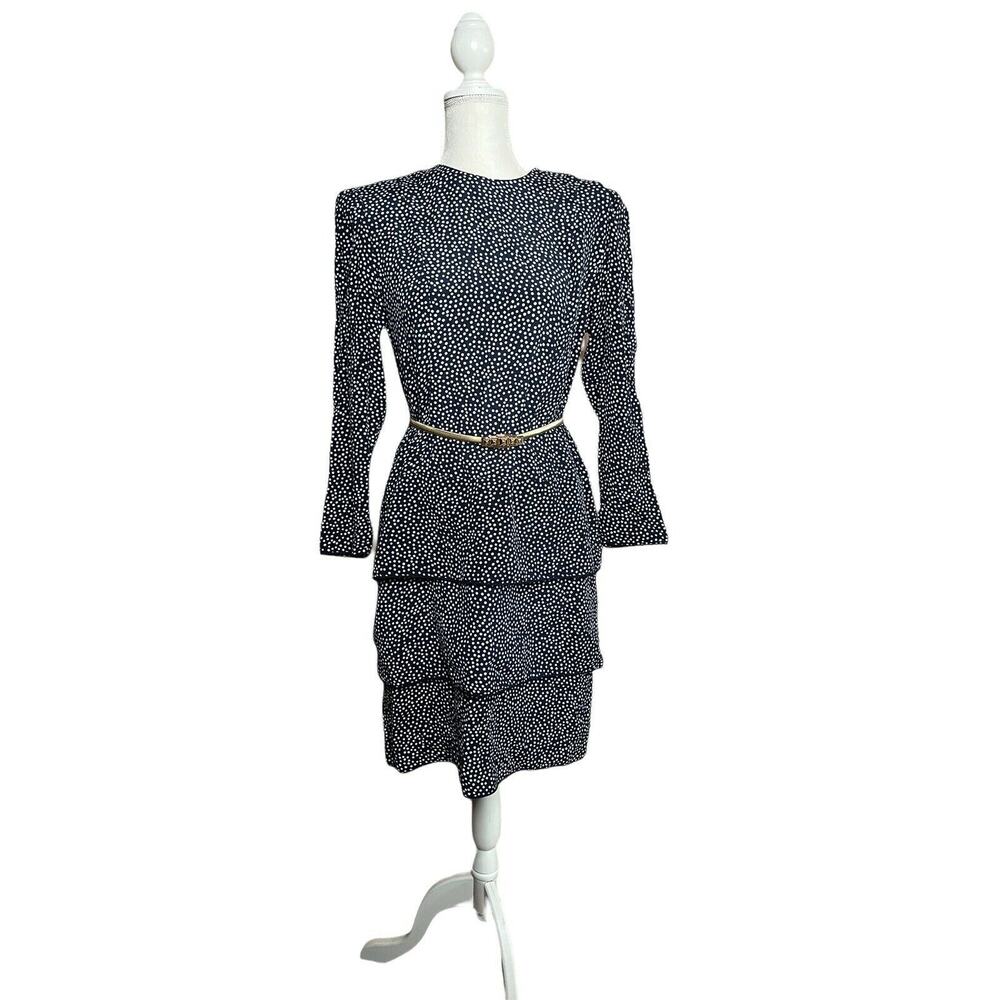 vintage 90s Karin Stevens Women's cascade Polka Dot midi dress sz 12 navy blue